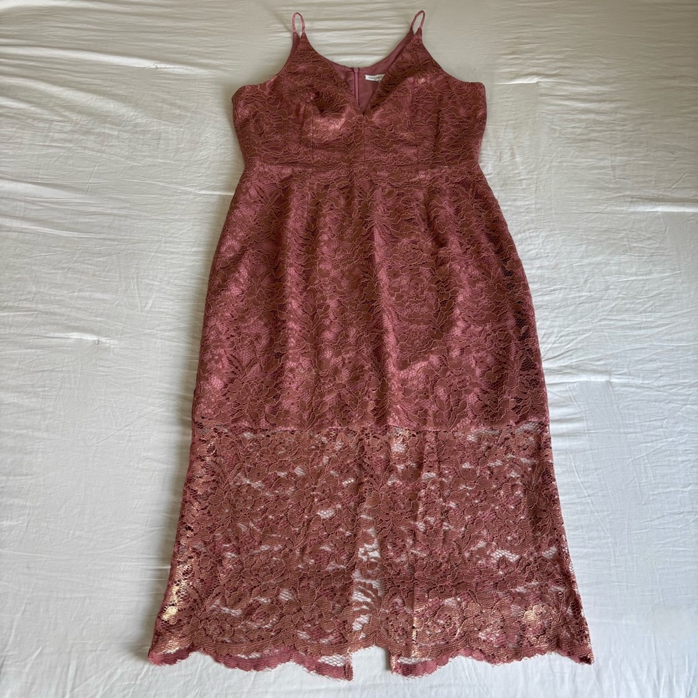 Dress the Population Mauve Gold Lace Leilani Illusion Hem Midi Dress • Size XL - Picture 2 of 16